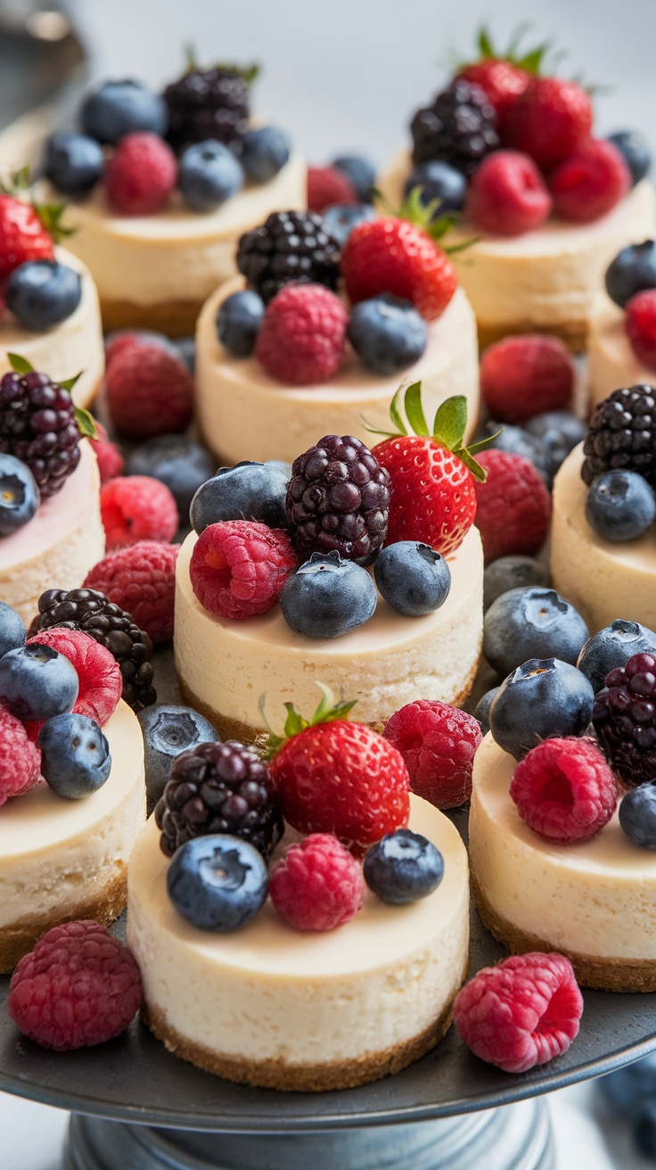 Mini cheesecakes topped with assorted berries, perfect for Super Bowl desserts.