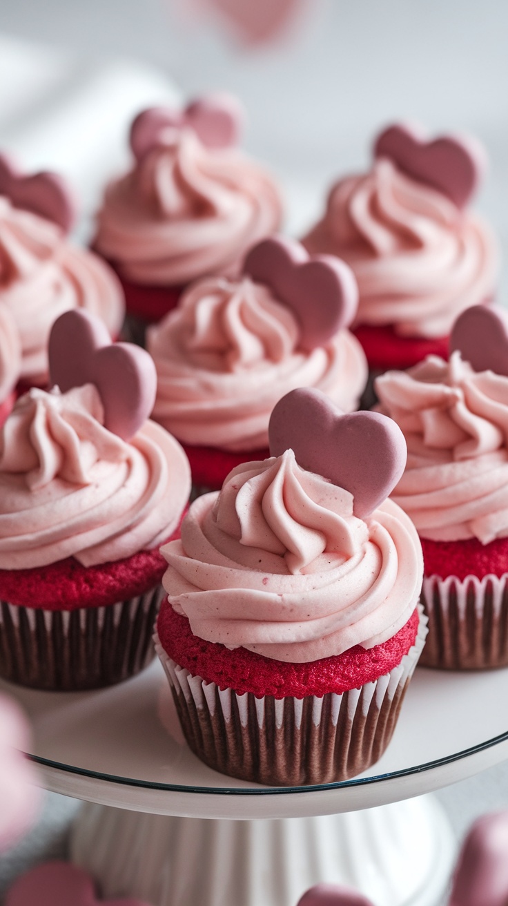 Mini pink velvet cupcakes with cream cheese frosting and heart decorations.