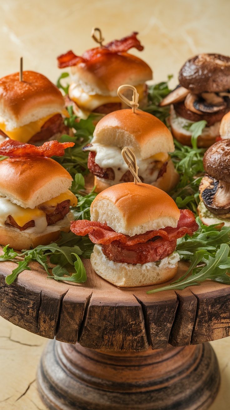 Delicious mini sliders with gourmet toppings arranged on a wooden platter, perfect for a Super Bowl party.