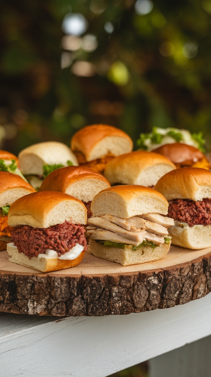 Mini sliders with various fillings on a wooden board