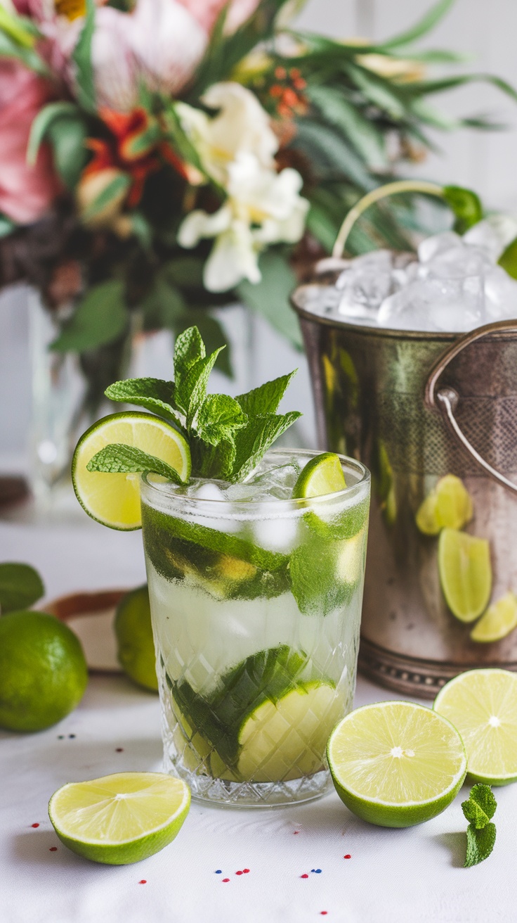 A refreshing Minted Green Mojito with mint leaves and lime slices, set against a background of flowers and ice.