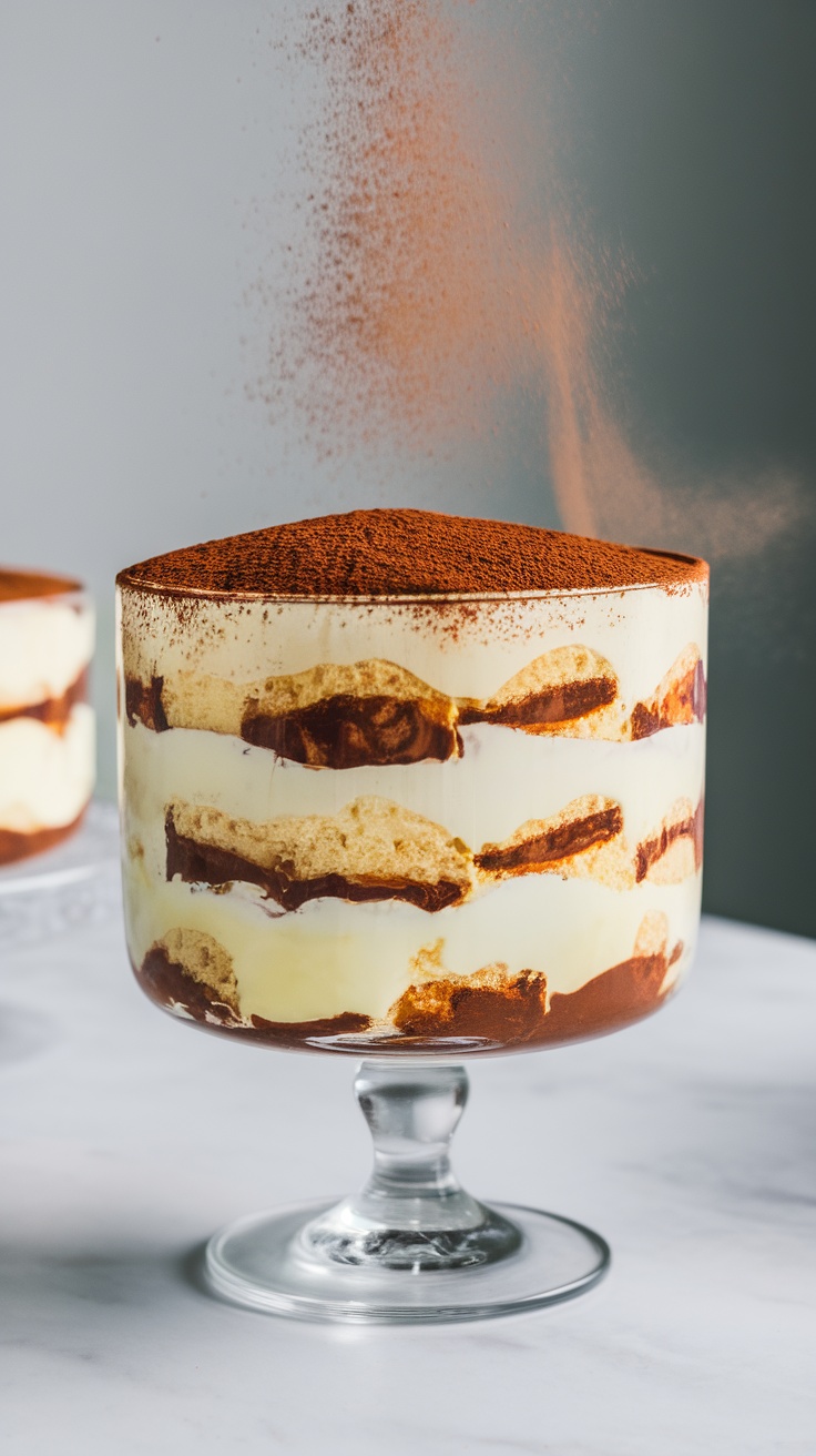 A delicious serving of mocha tiramisu with cocoa dusting, showcasing layers of mascarpone and coffee-soaked ladyfingers.