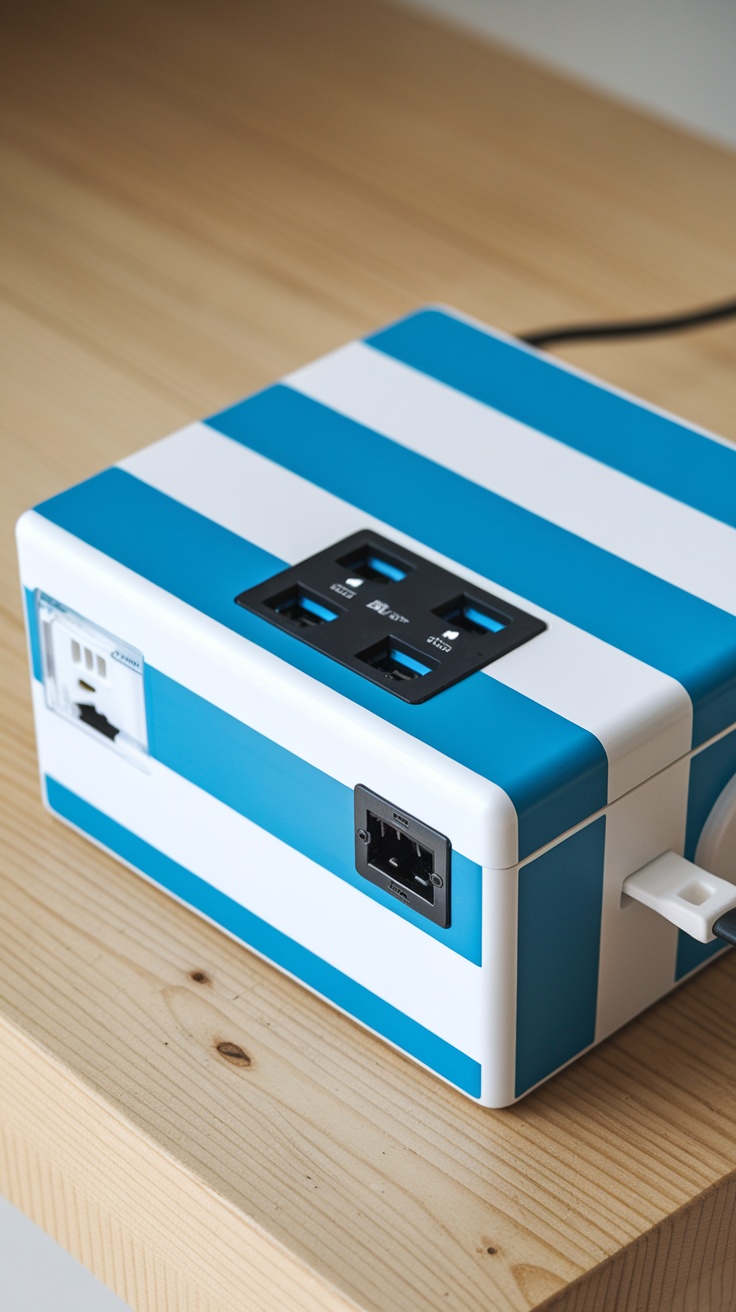 A stylish outdoor charging station with blue and white stripes.