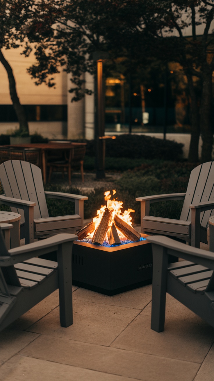 Cozy outdoor fireplace nook with adirondack chairs and a fire pit