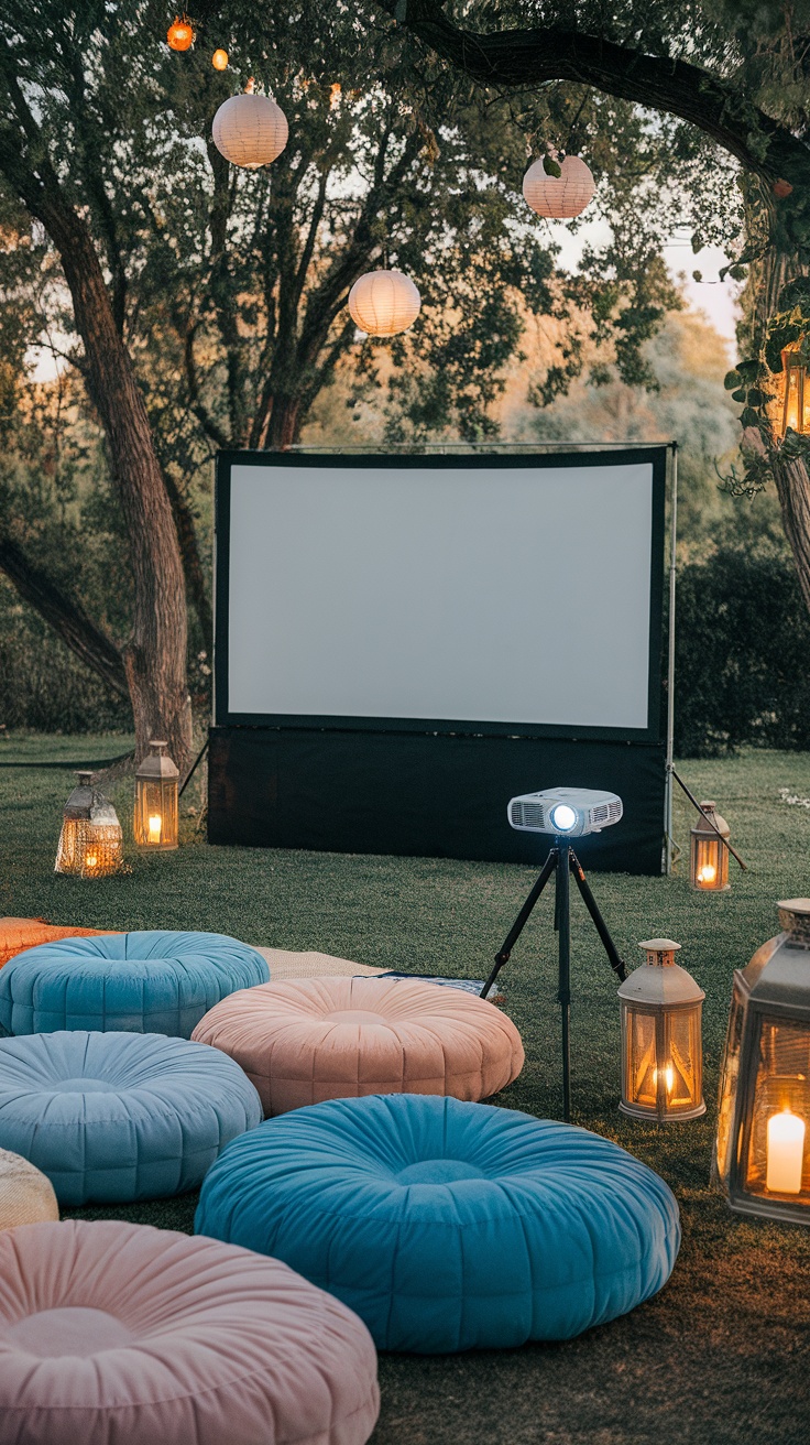 Outdoor movie setup with cushions, projector, and lanterns