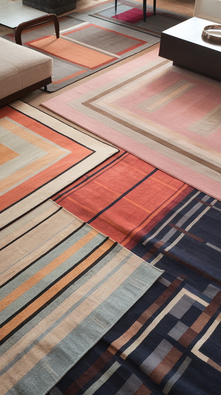 A variety of oversized outdoor rugs in different geometric patterns and colors.