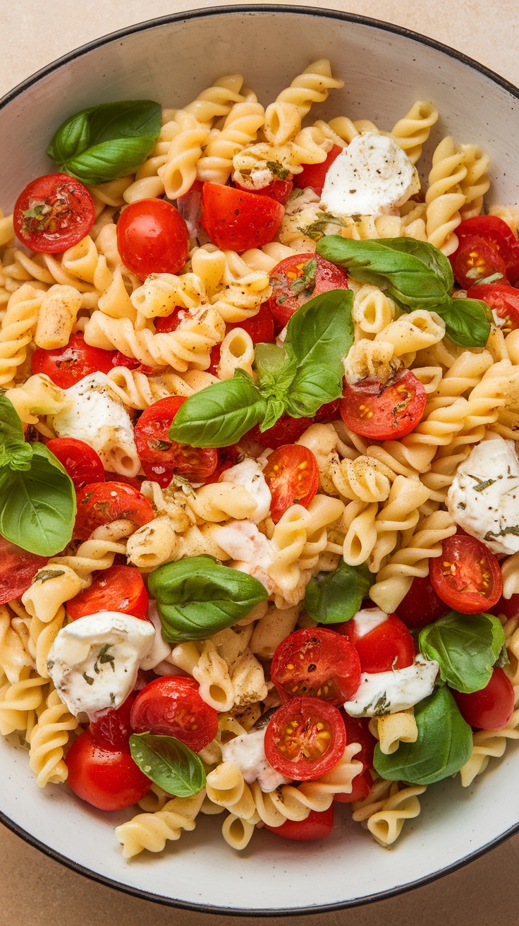 A vibrant pasta salad featuring cherry tomatoes, mozzarella, and fresh basil.