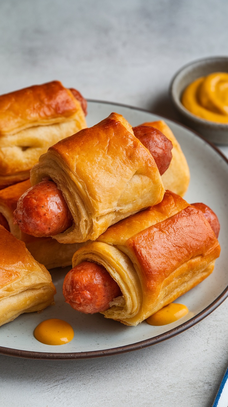 A plate of golden brown pigs in a blanket served with mustard.