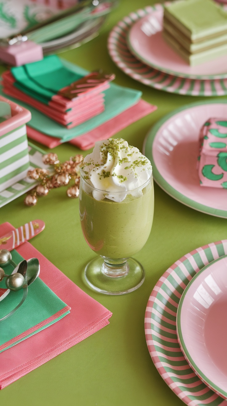 A pistachio pudding shot topped with whipped cream, surrounded by colorful napkins and plates.