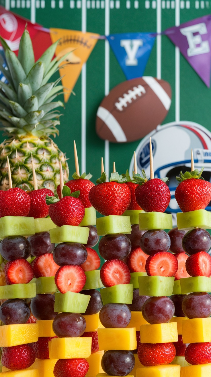 Colorful fruit skewers with strawberries, melons, pineapple, and grapes