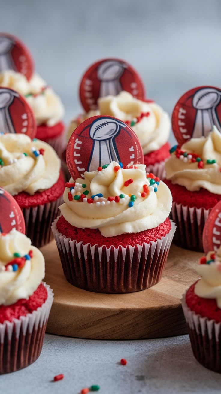 Delicious red velvet cupcakes topped with cream cheese frosting and festive decorations for Super Bowl parties.