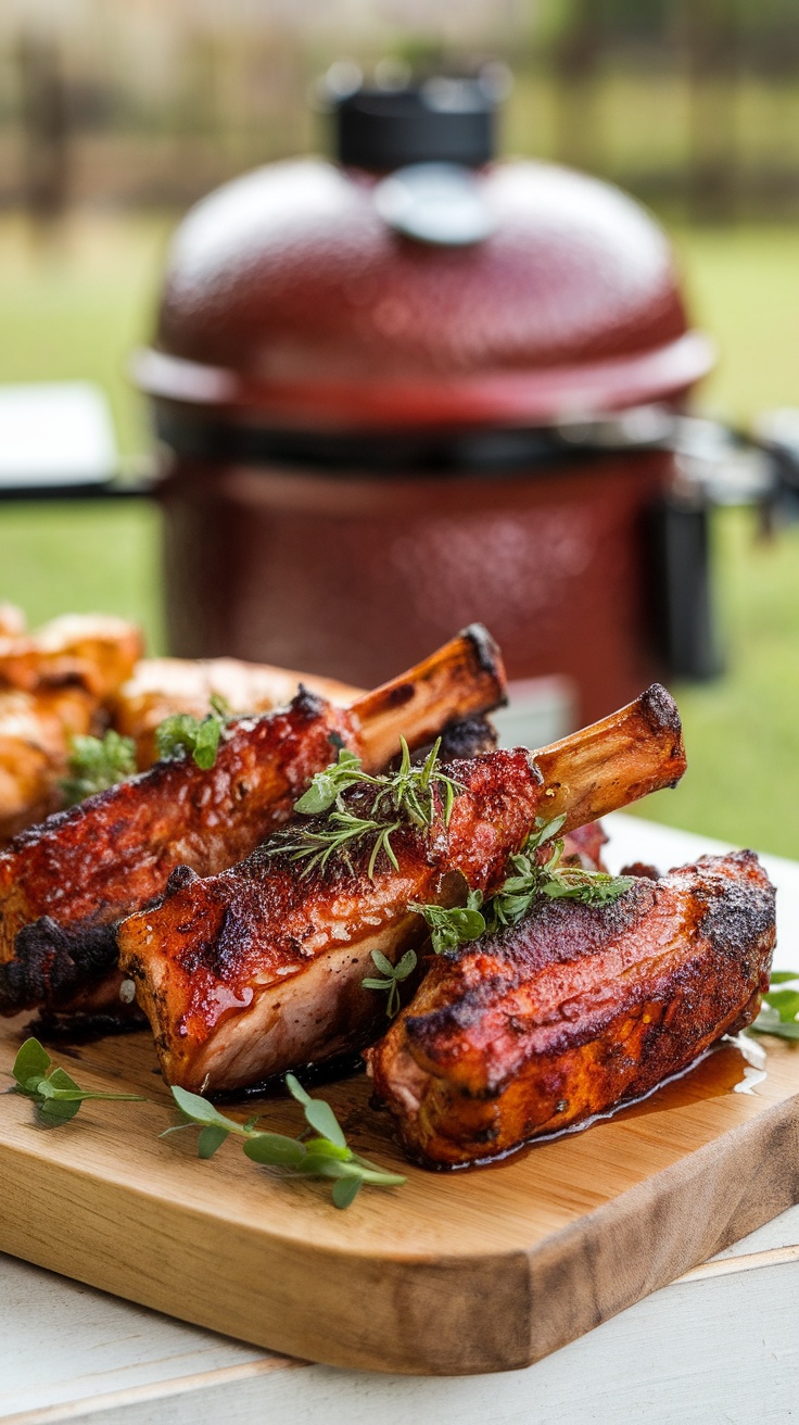 Delicious grilled rib tips garnished with herbs, ready for a Super Bowl party.