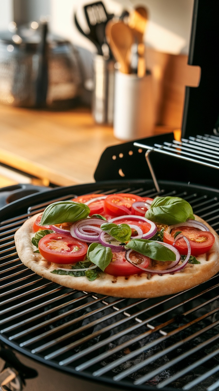 A delicious roasted garlic and herb flatbread grilling on a barbecue.