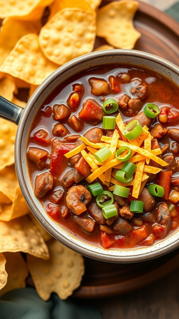 A bowl of savory chili topped with cheese and green onions, served with tortilla chips.