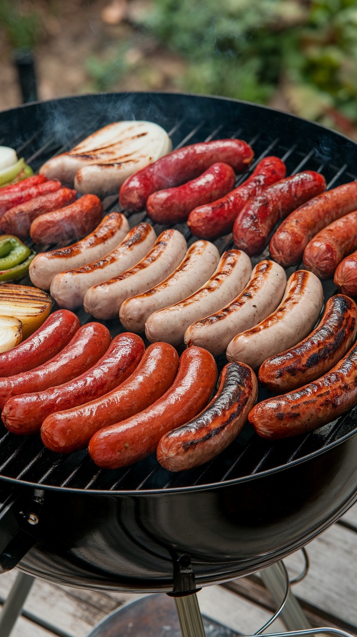 A variety of sausages grilling on a barbecue.