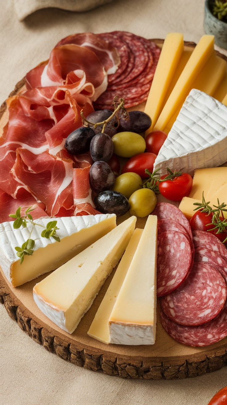 A beautifully arranged meat and cheese platter featuring various cheeses, cured meats, olives, and fresh herbs.