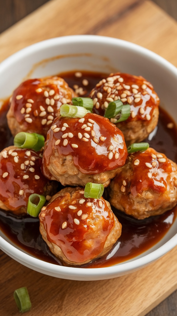 A bowl of savory meatballs topped with sweet and sour sauce, garnished with sesame seeds and green onions.