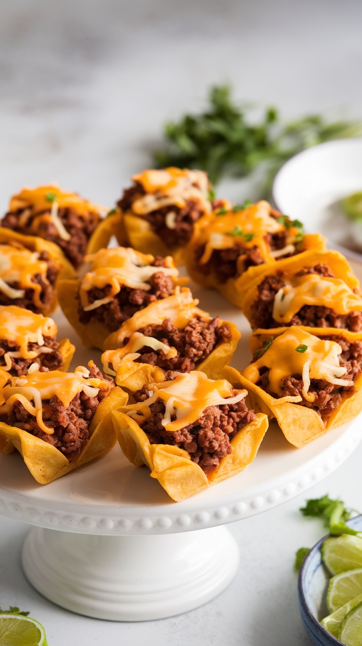 A plate of savory taco cups filled with ground beef and cheese, garnished with green onions and cilantro.