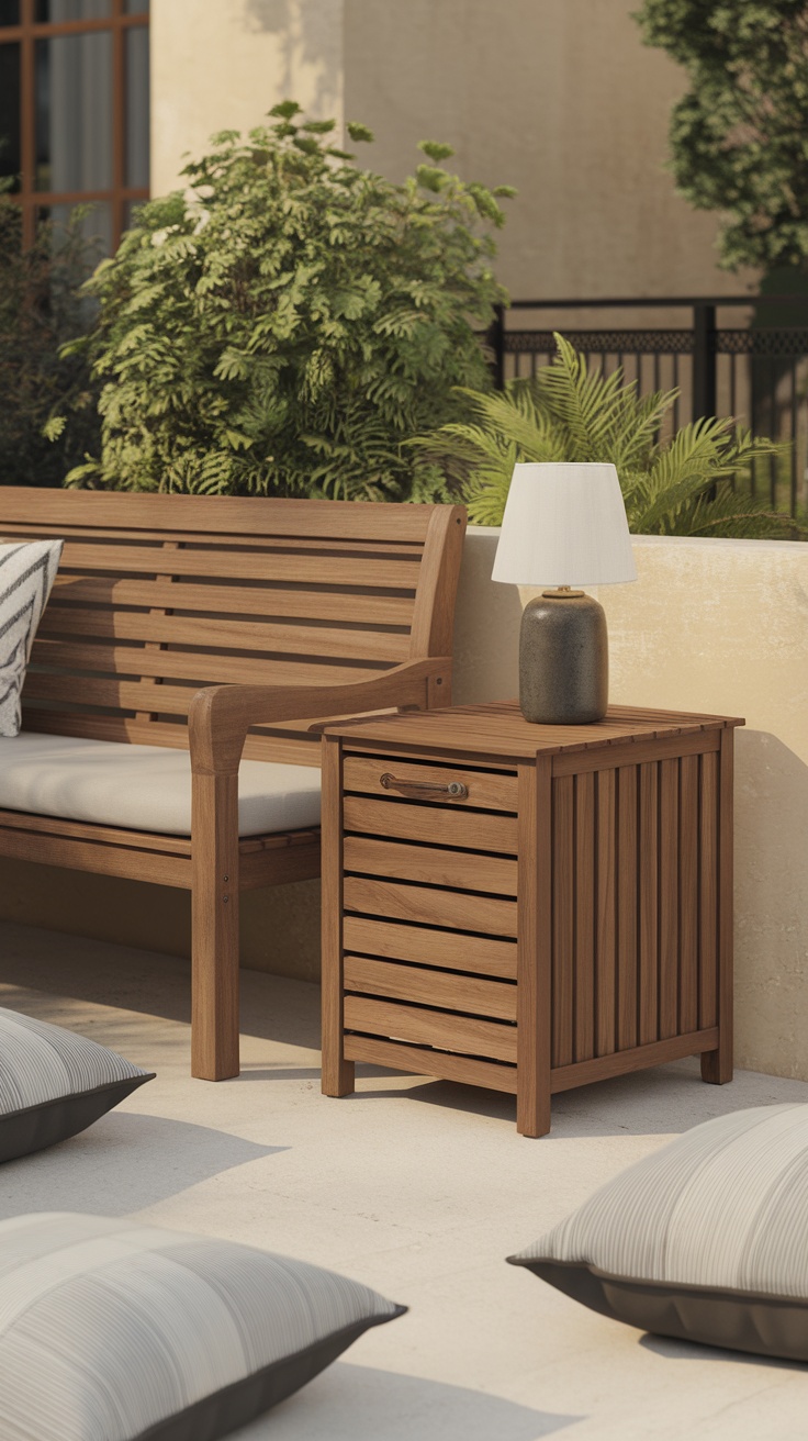 An outdoor living room with a wooden bench, side table, and decorative pillows