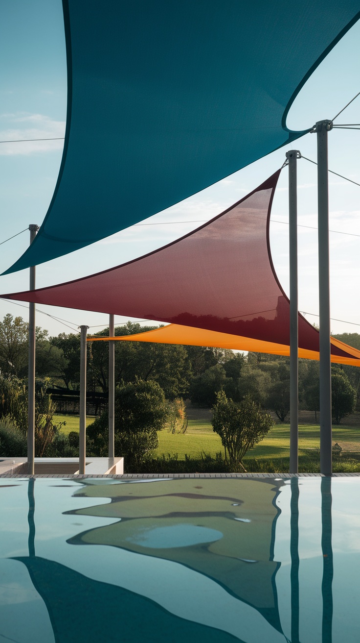 Shade sails above a pool area, creating a stylish outdoor living space