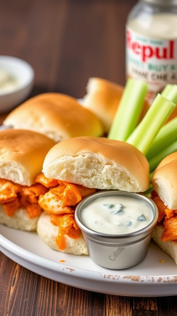 Buffalo chicken sliders served on a plate with celery sticks