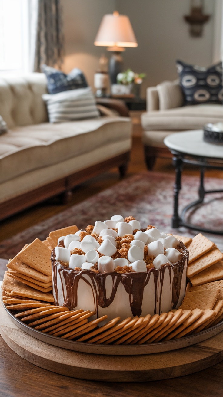 A delicious S'mores dip surrounded by graham crackers