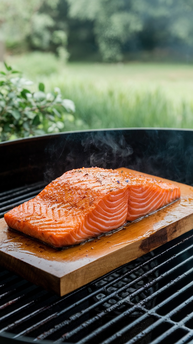 Grilled salmon glazed with maple syrup and spices on a wooden plank.