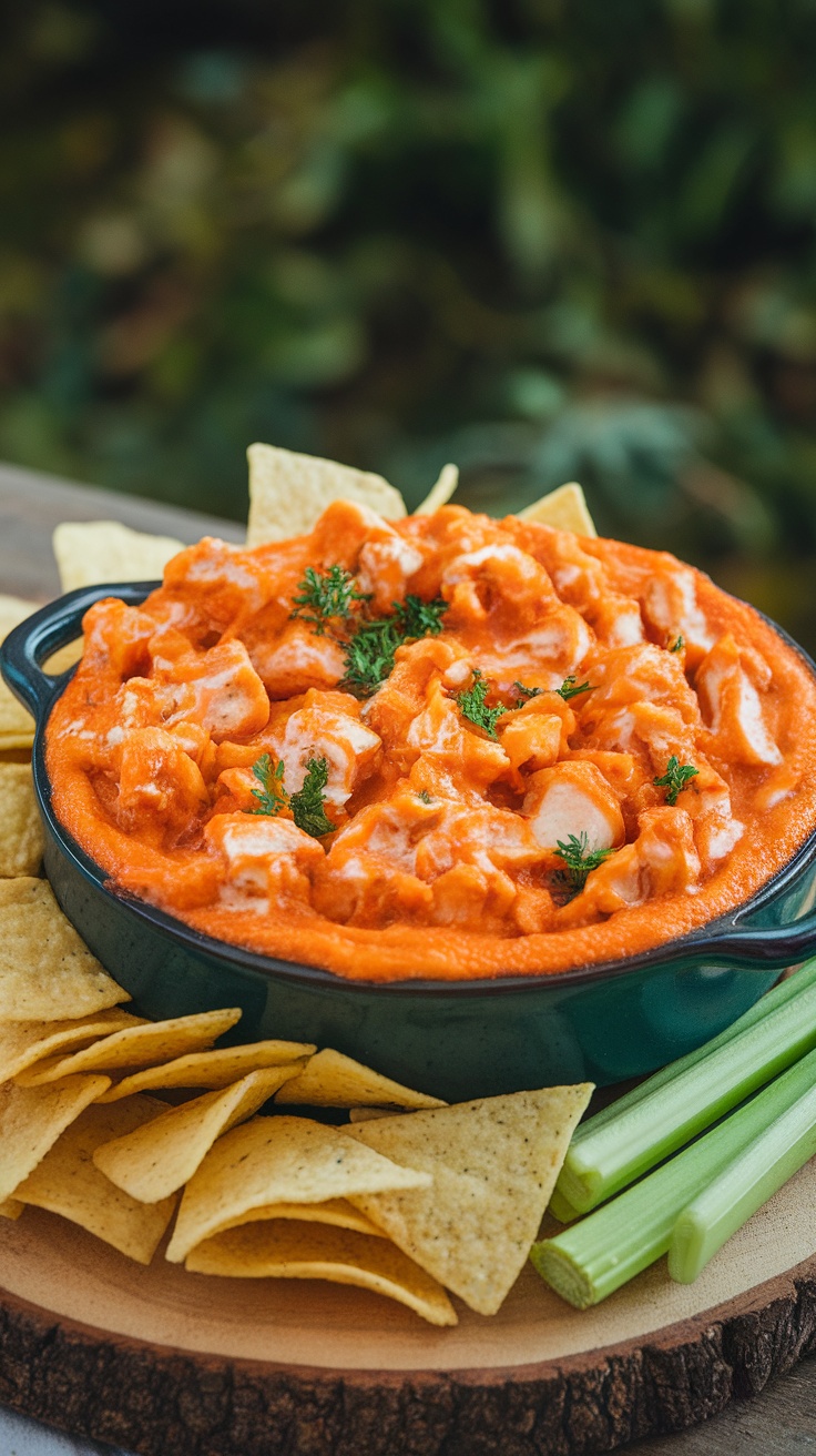 A delicious bowl of spicy buffalo chicken dip surrounded by tortilla chips and celery sticks.