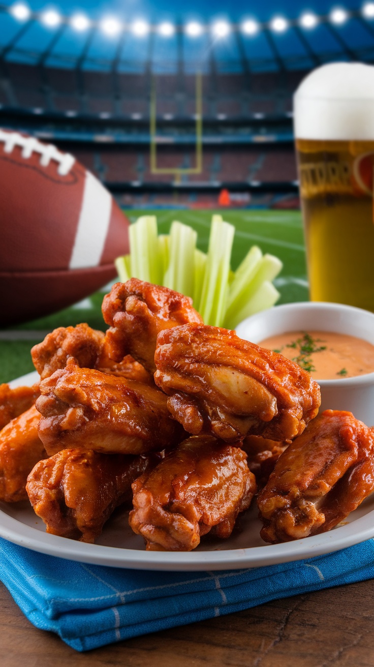 Plate of spicy chicken wings with celery sticks and dipping sauce, perfect for Super Bowl parties.