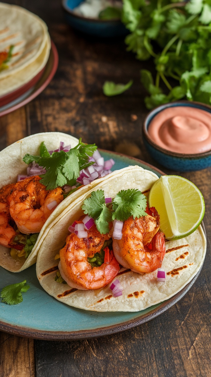 Spicy grilled shrimp tacos served with lime and toppings