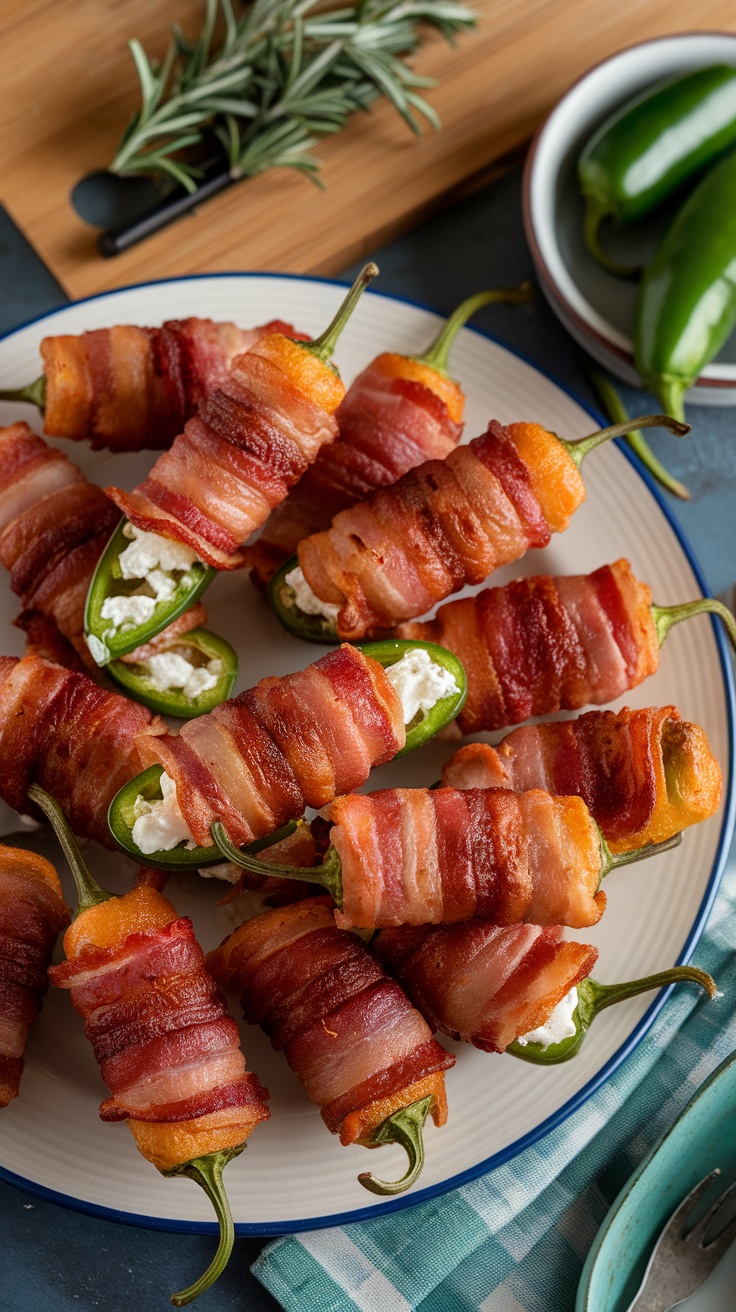 Delicious spicy jalapeño poppers wrapped in crispy bacon, perfect for a Super Bowl party.