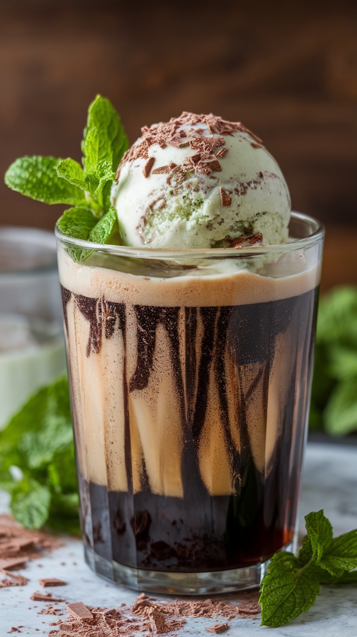 A glass of stout with mint chocolate ice cream, topped with chocolate shavings and mint leaves.