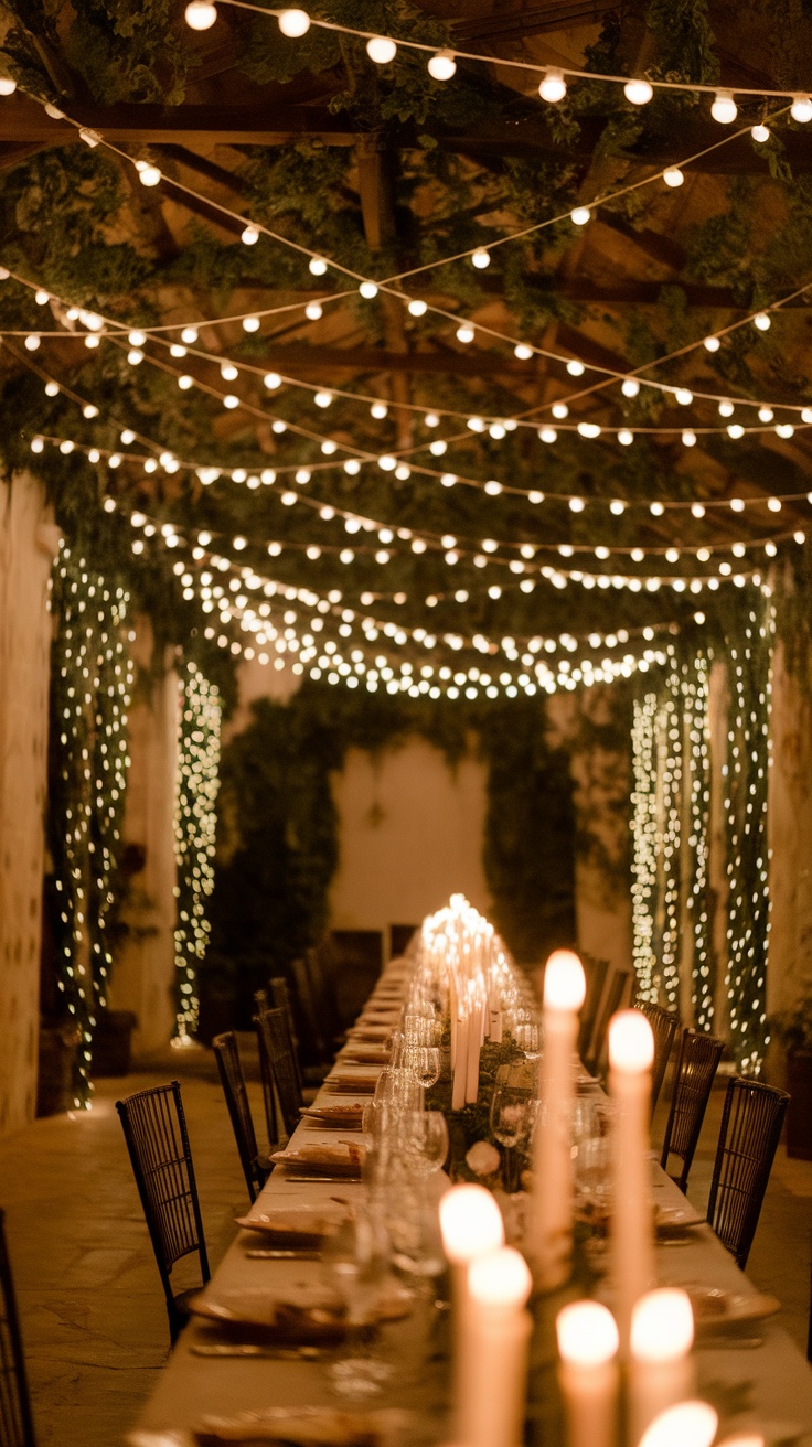 A beautifully lit outdoor dining area with string lights overhead.