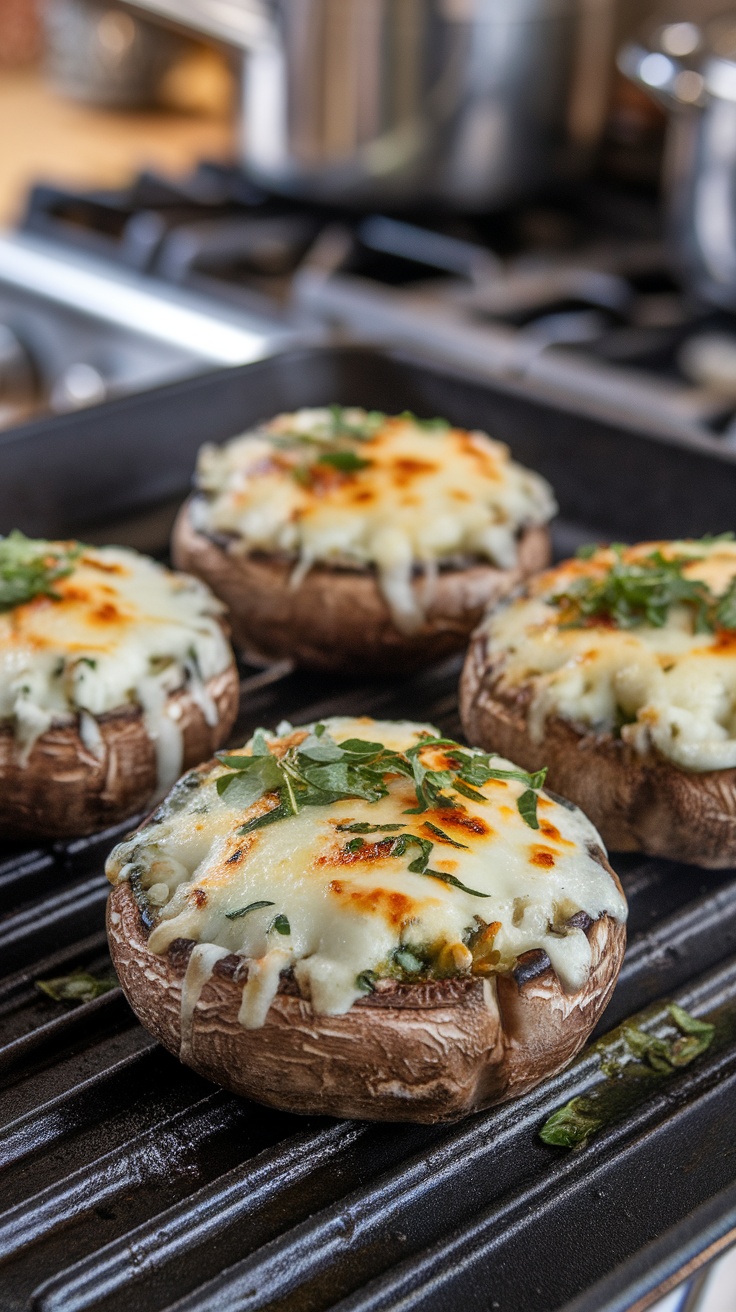 Stuffed portobello mushrooms on a grill, topped with melted cheese and herbs.