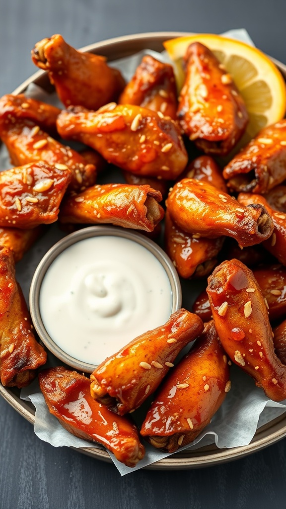 A plate of sticky honey garlic wings with a creamy dipping sauce.