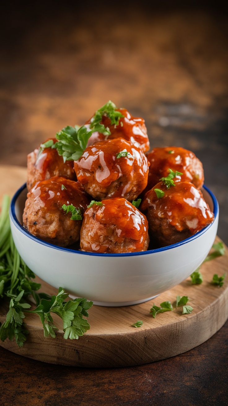 A bowl of sweet and spicy meatballs garnished with fresh herbs, perfect for a Super Bowl party.