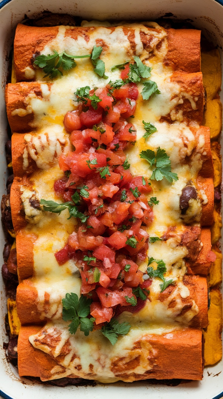 A colorful plate of Sweet Potato and Black Bean Enchiladas topped with cheese and fresh salsa.