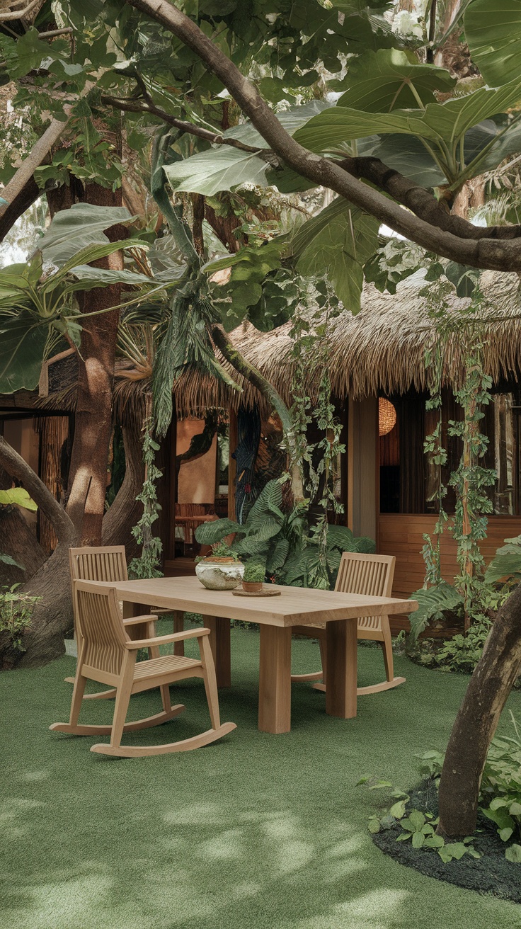 An outdoor dining area with a wooden table and rocking chairs, surrounded by lush greenery.