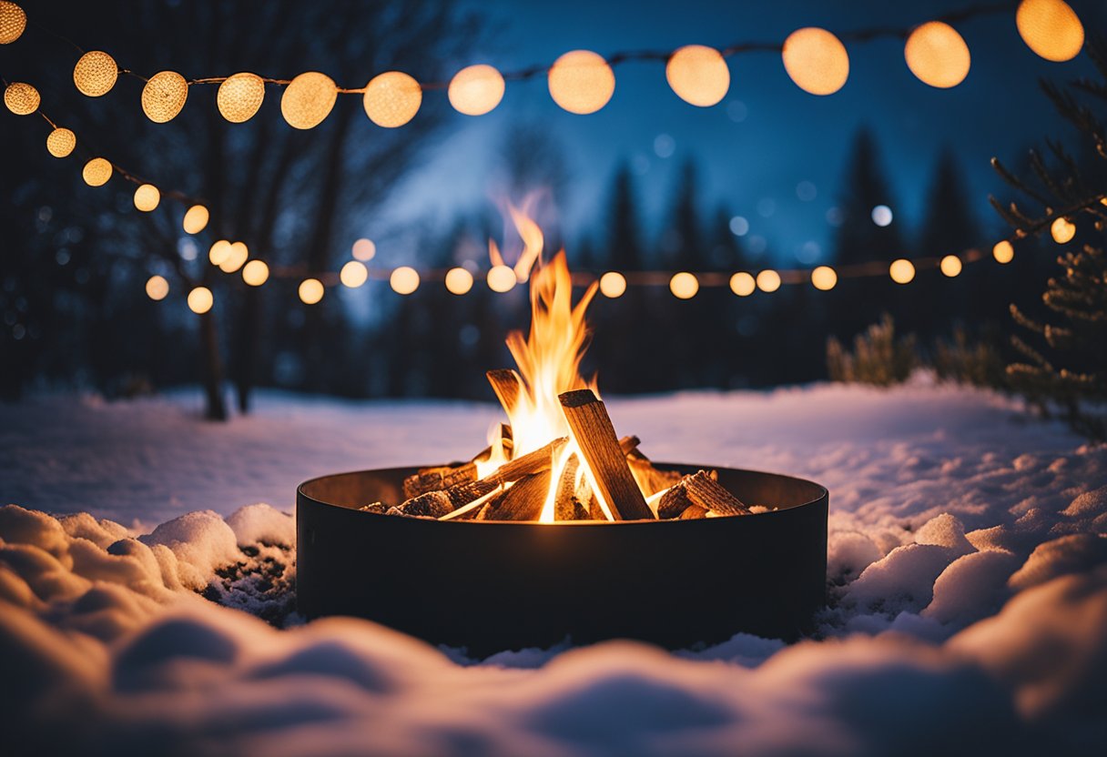 A cozy winter fire pit surrounded by outdoor fairy lights illuminating the night sky