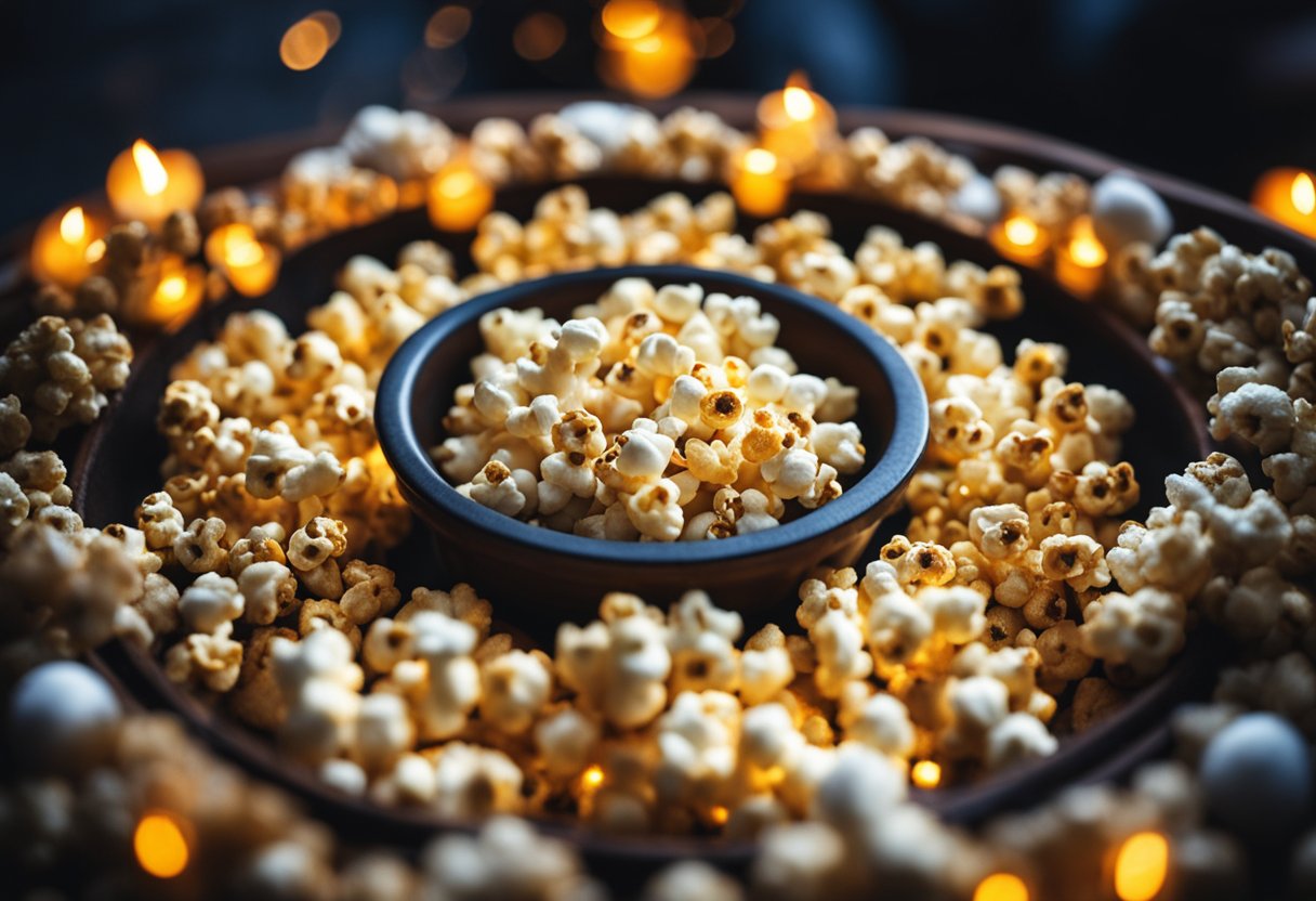 A cozy winter fire pit with a variety of gourmet popcorn flavors spread out on a table for a festive party