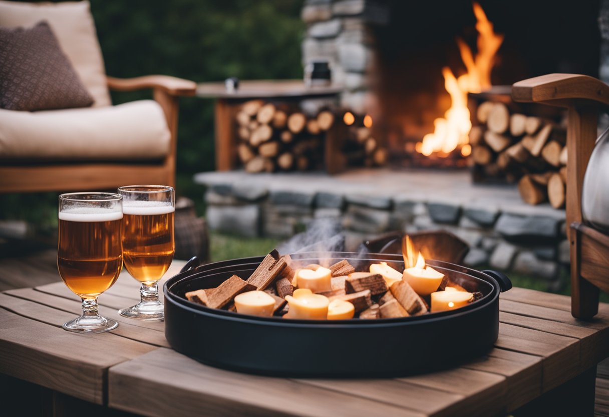 A cozy outdoor setting with a crackling fire pit surrounded by mugs of steaming apple cider and festive decor