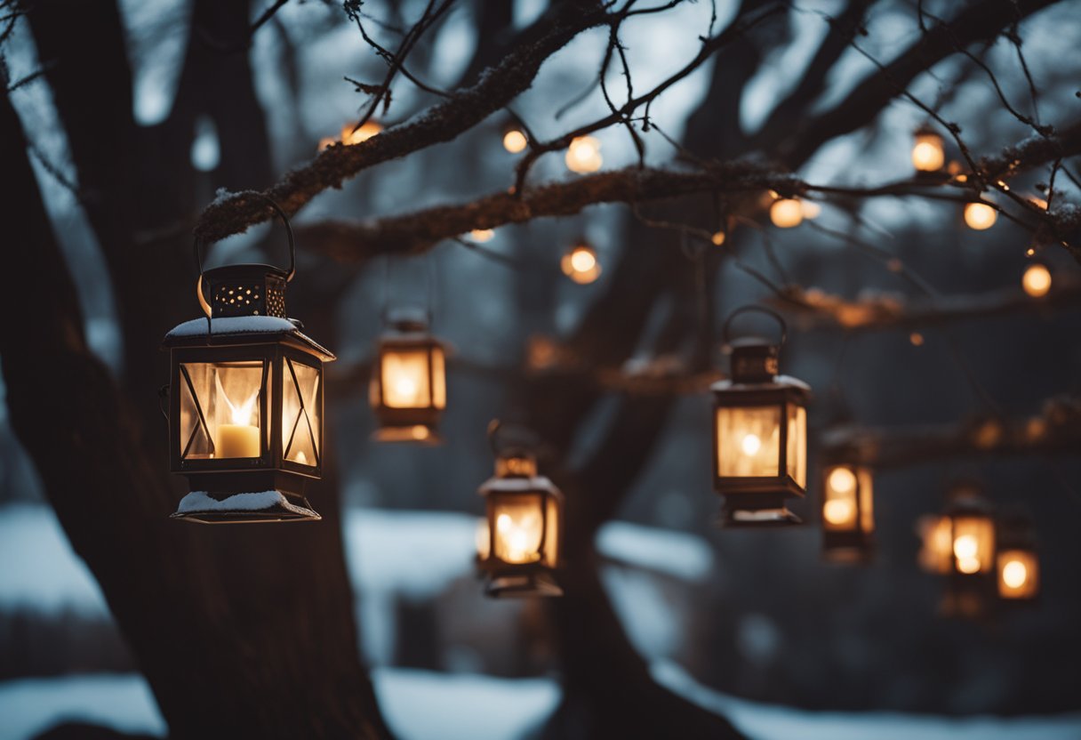 A group of vintage lanterns hang from the branches of a gnarled tree, casting a warm glow over a cozy winter fire pit party