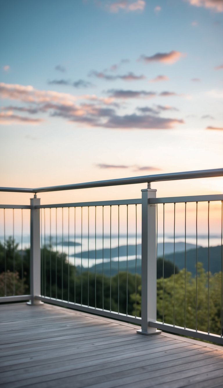 A modern deck with sleek cable railings overlooking a scenic view