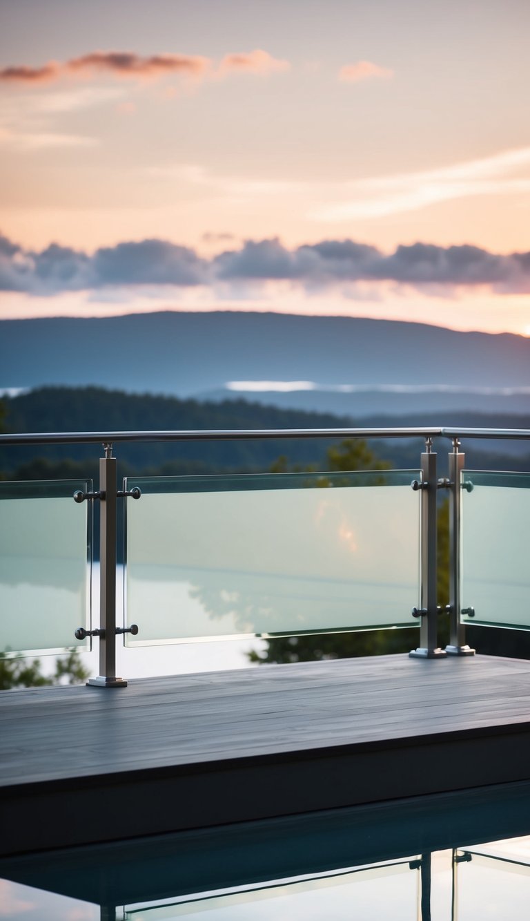 A modern deck with glass panel railings overlooking a scenic landscape