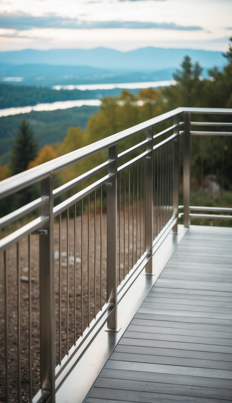 A modern deck with sleek stainless steel railings overlooking a scenic landscape