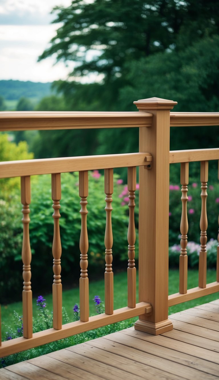 A wooden deck railing with baluster railings, surrounded by a lush garden and overlooking a serene landscape