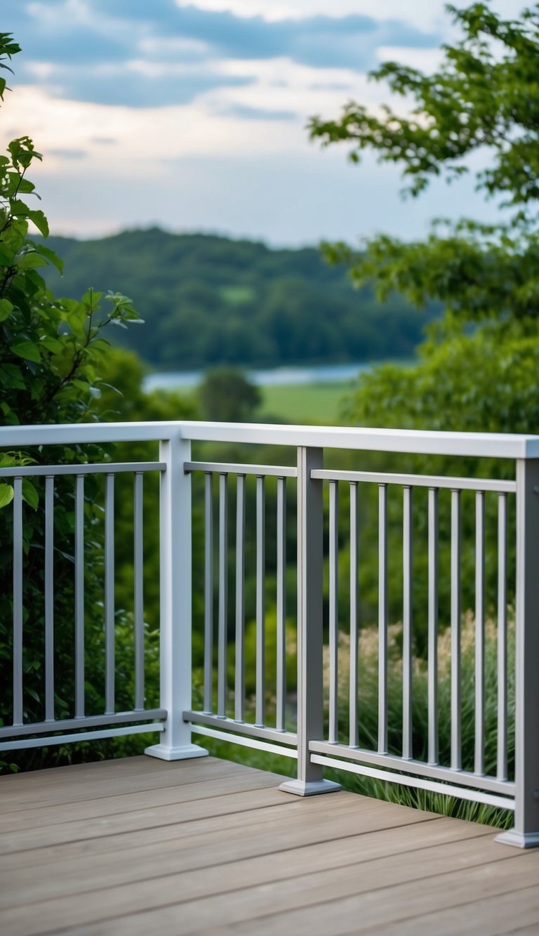 A modern composite deck railing with clean lines and metal accents, surrounded by lush greenery and overlooking a serene landscape