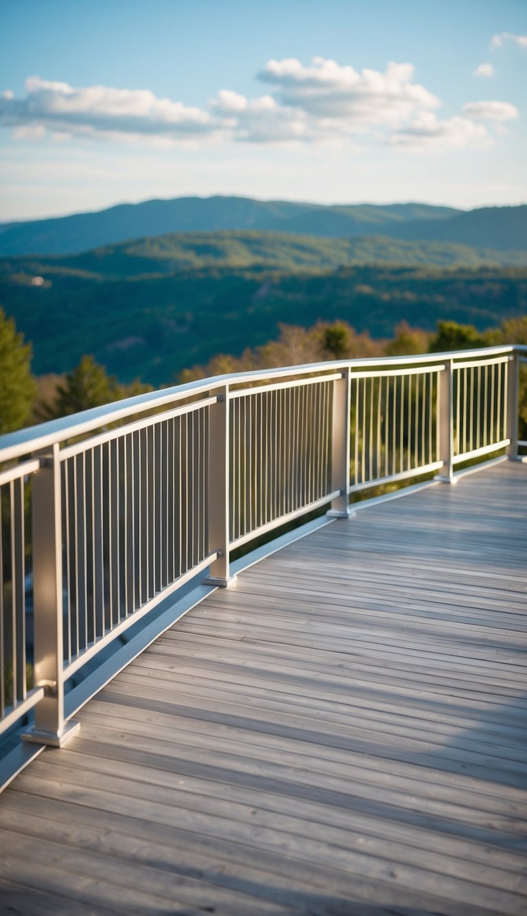 A modern deck with sleek aluminum railings overlooking a scenic view