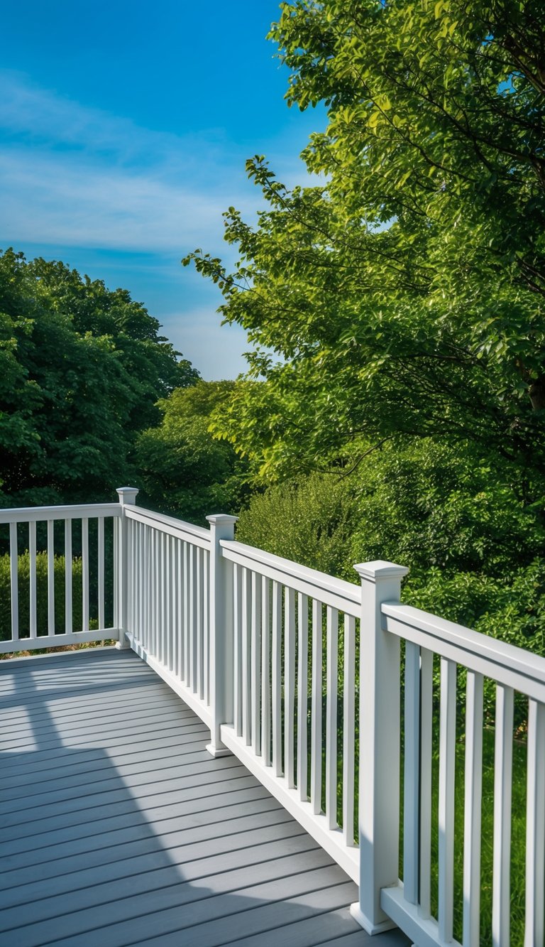 A deck with vinyl railings in a modern, clean design, surrounded by lush greenery and a clear blue sky