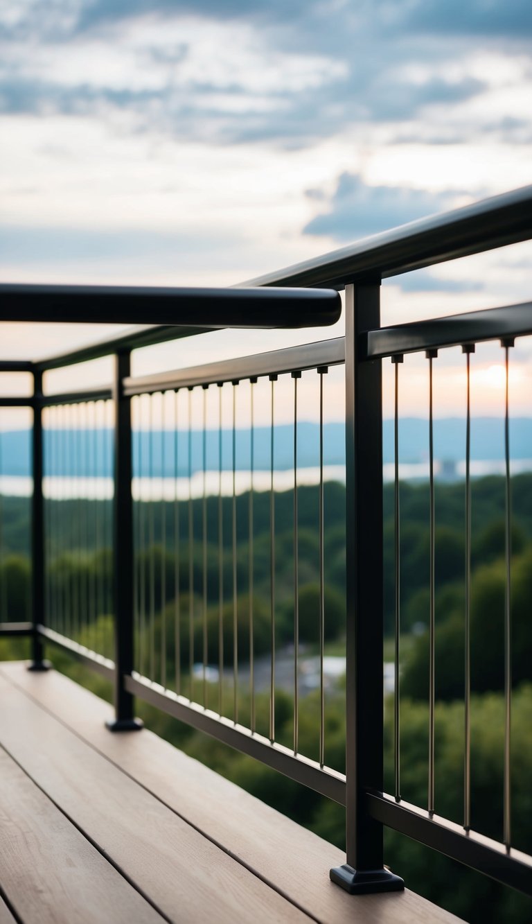 A modern deck with sleek iron railings, overlooking a scenic landscape